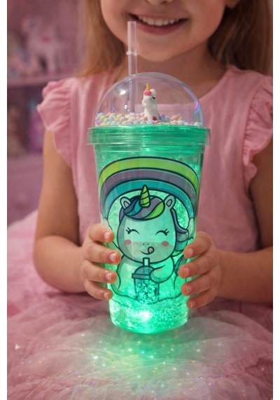 Renkli Boncuklu Sevimli Unicorn Tasarımlı 450 Ml Led Işıklı Pipetli İçecek Bardağı Suluk Yeşil 2646