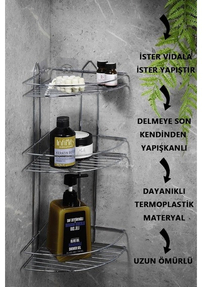 Sas Haus Paslanmaz Krom 3 Katlı Banyo Köşeliği Şampuanlık Köşelik Banyo Rafı Ek-03 Çok Renkli