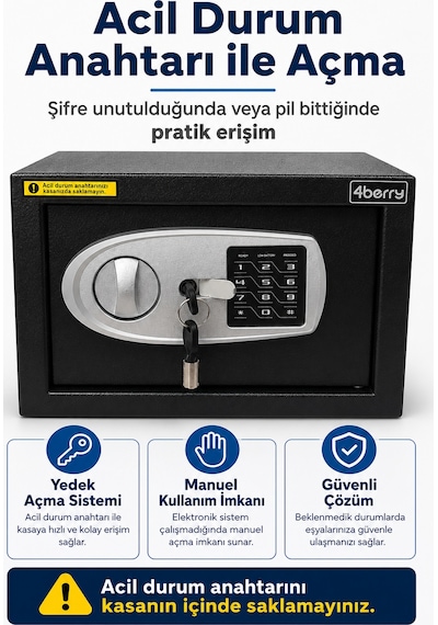 Elektronik Şifreli Çelik Kasa Duvar Ve Zemin Montajlı, Acil Anahtarlı, 9 Litre - Siyah