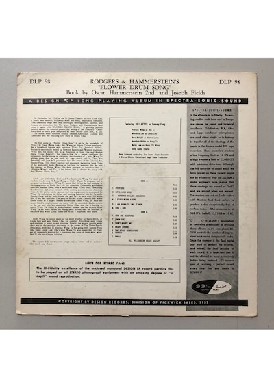 Rodgers & Hammerstein Flower Drum Song Lp Plak Orjnal 1963 Dönem Amerika Baskı Plak