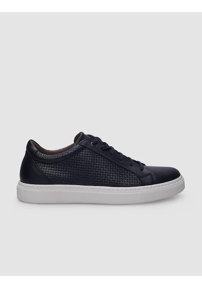 %100 Hakiki Deri Lacivert Bağcıklı Desenli Erkek Sneaker Lacivert