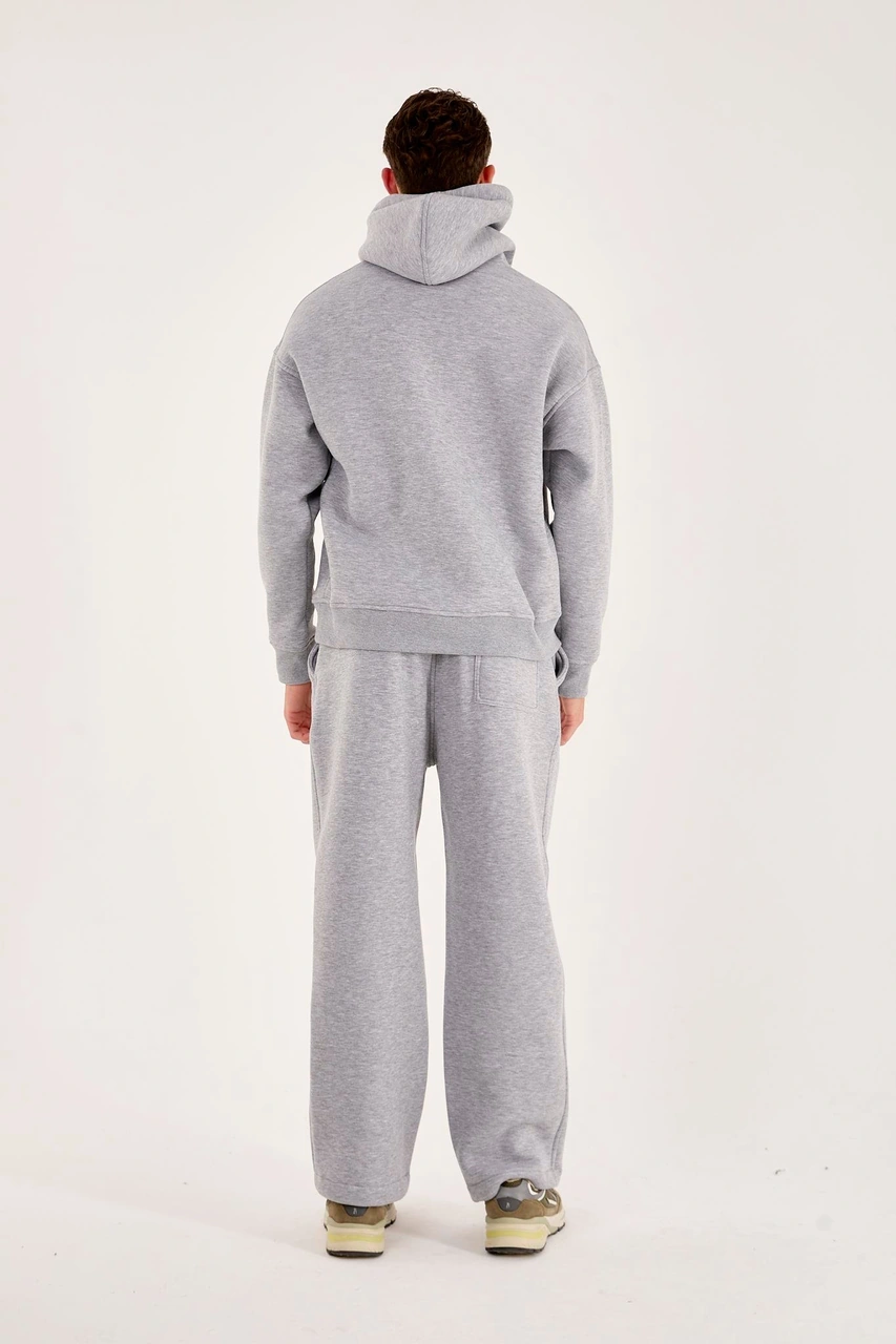 Q-4008 Kapüşonlu Üç İp Şardonlu Sweat Gri