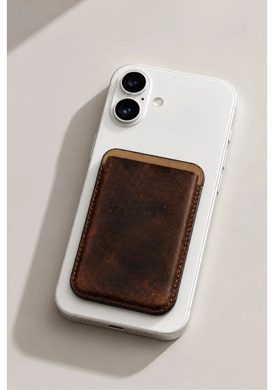 iPhone Uyumlu 16 Premium Hakiki Deri Cüzdan Magsafe Vintage Kahverengi