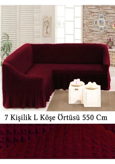 Upmall Bürümcük 7 Kişilik Köşe Koltuk, Kanepe Örtüsü, Koltuk Kılıfı, Lastikli, Etekli, L Köşe 550 Cm Bordo Bordo