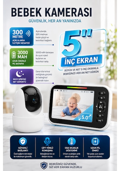 Bebek Kamerası Lcd Ekranlı 5'' İnç Gece Görüşlü Ninni Söyleyen Ağlama Sensörlü Bebek Odası Kamerası