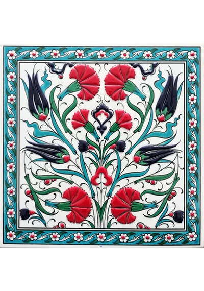 Armada Çini 20x20 Cm Ed 363 Lale Karanfil Turkuaz Kırmızı Kobalt Desenli Eldekoru Çini Karo