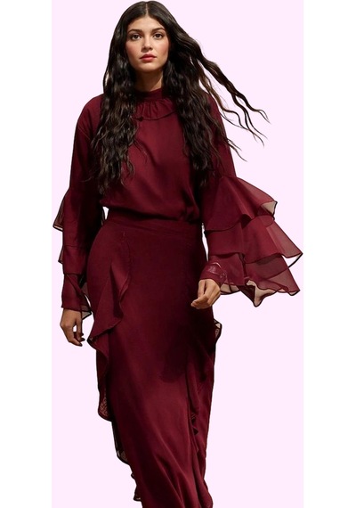 Ersefa Kadın Maxi Etek Ramadan Koleksiyonu 100% Polyester Şifon Kumaş Gü Bordo