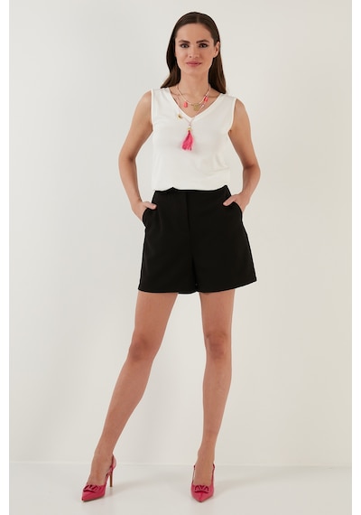 Lela Slim Fit V Yaka Kalın Askılı 2' Li Paket Bayan Bluz 5864384S2 Ekru-Çağla