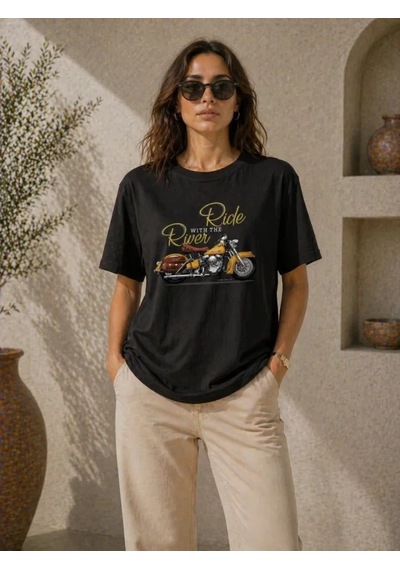 Efnaz Style Motosiklet Baskılı Tişört Bisiklet Yaka Kısa Kol Yazlık T-shirt - Siyah