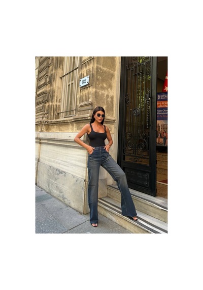 Zdnjeans Kadın Yüksek Bel Wide Leg Palazzo Jeans Pantolon Koyu Mavi