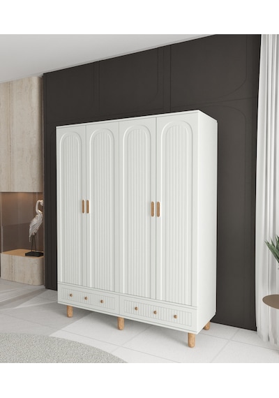 Mila 4 Kapaklı Çekmeceli Gardırop - Tamamı Mdf Beyaz