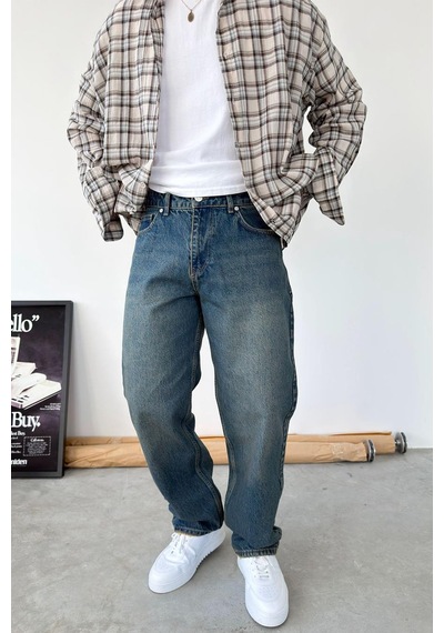 Eskitme Mavi Basic Baggy Fit Pantolon Mavi