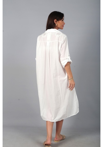 By Saygı Kadın İtalyan Cotton Cepli Kabartma Nakışlı Pullu Oversize Uzun Elbise Beyaz