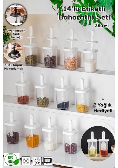 Porsima 1103 14lü Kaydırmalı Kaşıklı Kapaklı Baharatlık Seti Beya Beyaz