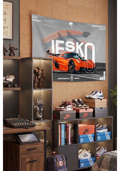 Koenigsegg Jesko Turuncu Süper Spor Araba Dekoratif Duvar Örtüsü Duvar Halısı Beyaz