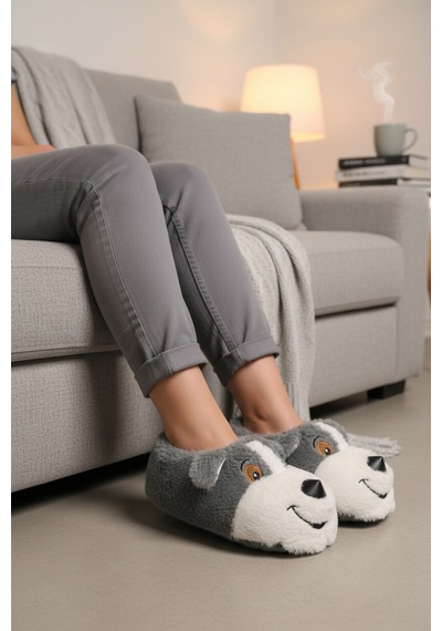 Gri Köpek Desenli Unisex Panduf 26k001 Gri