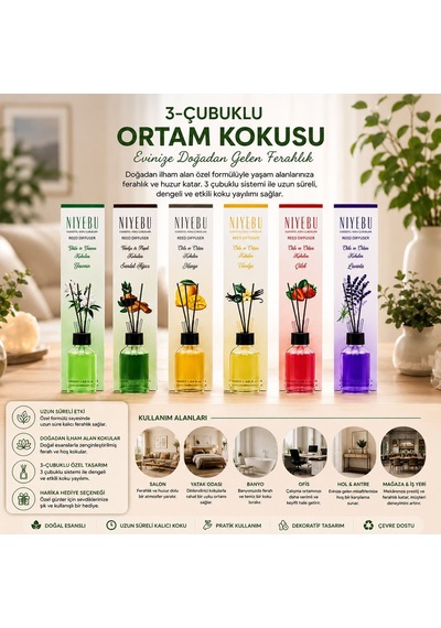 Niyebu Ortam Ve Bambu Kokusu 50ml 3-çubuklu Cam Şişe Mix Koku - 24'li Paket Diğer