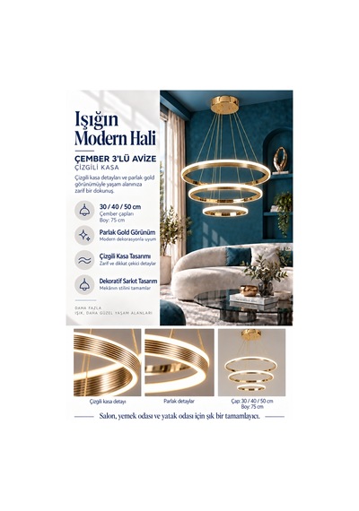 Çember 30-40-50 Modern Ledli Avize Çizgili 3 Renk Power Ledli Gold Kaplama Yatak Odası Salon Mutfak