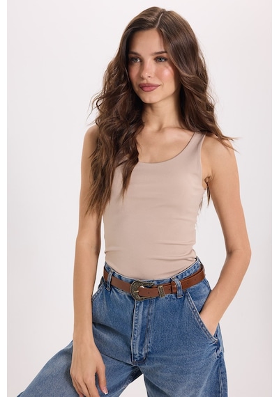 Tudors Kadın Standart Fit Normal Kesim Kolsuz Halter Yaka Bej Crop Atlet-50964