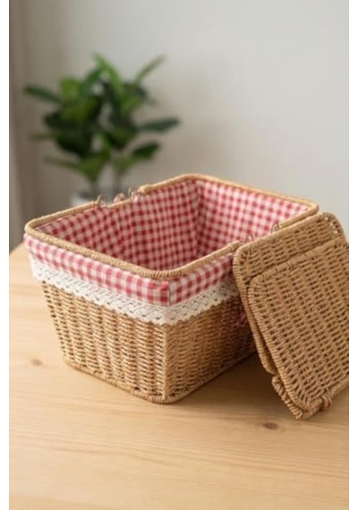 Kapaklı Rattan Vintage Dantelli Dikdörtgen Piknik Sepeti -9t14 U/6 000 Açık Krem