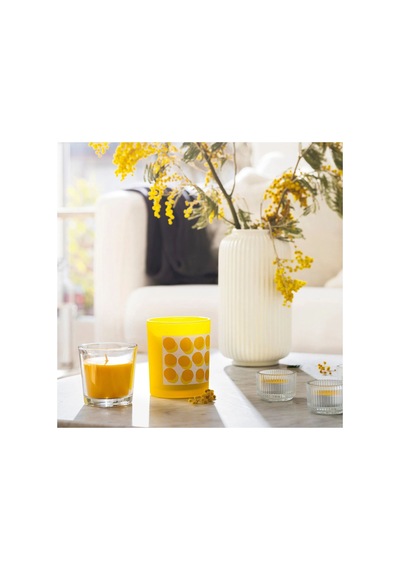 Ikea Svartoxbar Cam Kaplı Kokulu Mum 10 X 10 Cm Mimoza Sarı - Açık Sarı