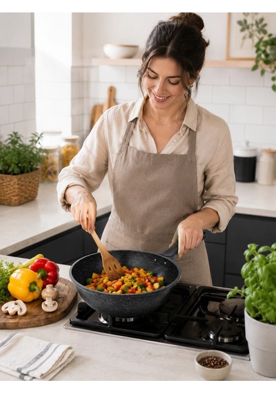 İtalyan Tasarım 28 Cm Döküm Granit Wok Tava Çok Renkli