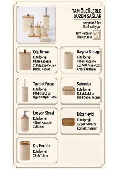 Makri Home Desenli 7 Parça Bambu Kapaklı Ve Aksesuarlı Banyo Seti Gri