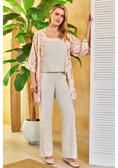 Keten Desenli Sabahlıklı İp Askılı Pijama 3lü Set Zarif Ve Lüks Flz 31-131 Oranj