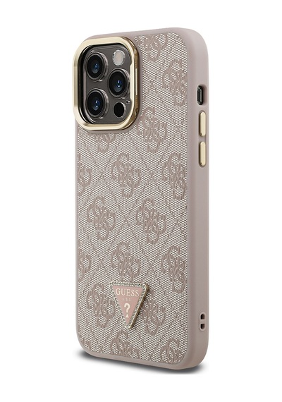 Apple iPhone 14 Pro Max Uyumlu Kılıf Guess Lisanslı Üçgen Logo 4g Desenli Kamera Standlı Kapak Pembe