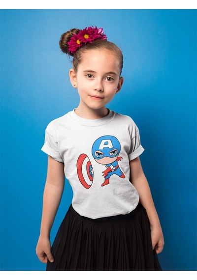 Sevbano Kaptan Amerika Baskılı Unisex Film Çocuk Tişört 1-12 Yaş Beyaz