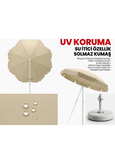 360 Dönebilen Plaj Şemsiyesi Uv Korumalı Su İtici Solmaz Kumaş 190 Gr Dokuma Polyester -krem