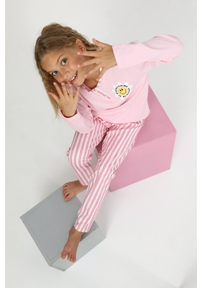 Kız Çocuk Uzun Kollu %100 Pamuklu Düğme Detaylı Pijama Takımı Alright Pembe