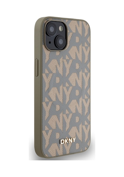 Apple Uyumlu iPhone 15 Kılıf Dkny Lisanslı M-safe Şarj Özellikli 3d Yazılı Grid Pattern Kapak Kahverengi