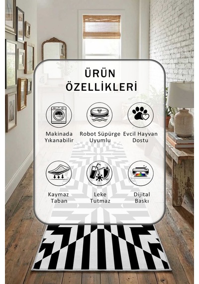 Simetri Yıkanabilir Yolluk Siyah