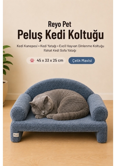 Reyo Pet Peluş Kedi Koltuğu Kedi Kanepesi Kedi Yatağı Evcil Hayvan Dinlenme Koltuğu Rahat Kedi Sofa Yatağı 45 x 33 x 25 CM Çelik Mavisi
