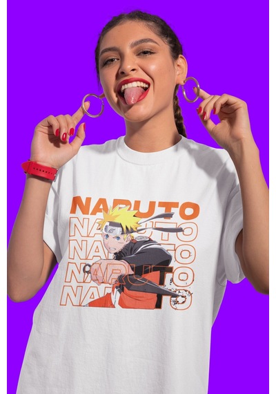 Naruto Uzumaki Baskılı Unisex Oversize Anime Dizi Karakter Tişört Beyaz