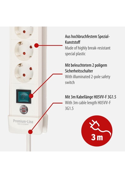 Brennenstuhl Premium-line, 10'lu Çoklu Priz Anahtarlı Ve 3 M Kablolu Priz - Topraklı Prizlerin 45 Açısı, Alman Malı Beyaz