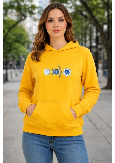 Herkesemoda Deniz Temalı Kaplumbağa Baskılı Kapüşonlu 2 İplik Şardonlu Sweatshirt Sarı
