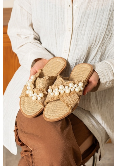 Dabab Shoes Mırella Kadın İncili Hasır Dokulu Düz Şık Bej Terlik