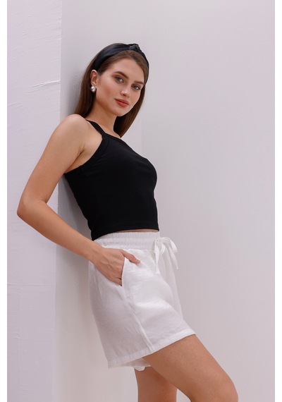 Genius Store Genıus Store Kadın Şort Aerobin Pamuklu Cepli Çekmez Kumaş Beli Lastikli Şort Beyaz