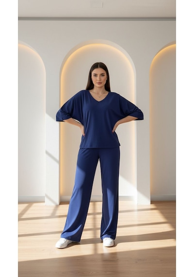 Divinus Bol Kesim V Yaka Yarım Kollu Pijama Takımı Lacivert