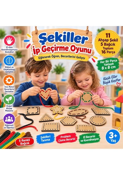 Eğitici Ahşap Şekiller Ip Geçirme Montessori El Kası Geliştirme