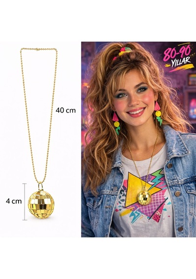 Retro Disko Topu Şekilli 80&amp Apos Ler 90&amp Apos Lar Altın Renk Plastik Kolye 4801
