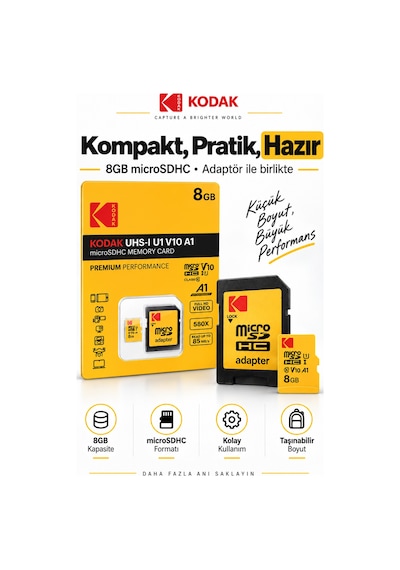 8gb Microsdhc Hafıza Kartı Uhs-ı U1 V10 A1 85 Mb/s Full Hd Destekli Sd Adaptörlü
