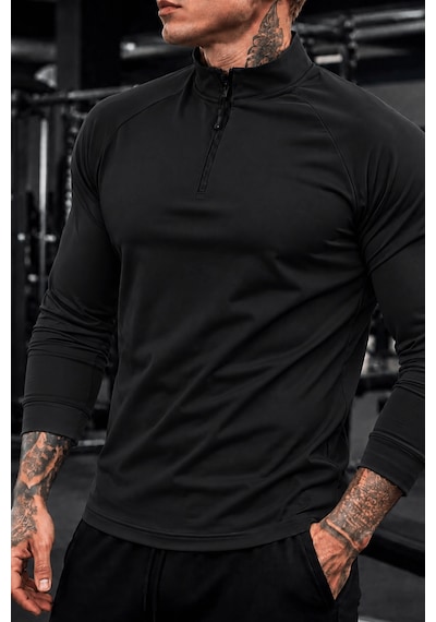 Genius Store Erkek Yarım Fermuarlı Compression Uzun Kol Spor Tişört Ve Fitness Tişörtü Dalgıç-uzun Siyah