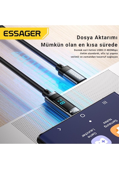 Essager 2 Metre 240w Dijital Ekranlı Type-c To Type-c Mega Hızlı Data Şarj Kablosu, Ultra Sağlam Halat Kablo Kopmaz