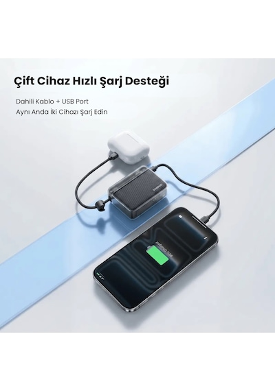 Sharge Flow Go 10000 Mah Dahili Type-c Kablolu Kompakt Powerbank Taşınabilir Hızlı Şarj Cihazı Siyah
