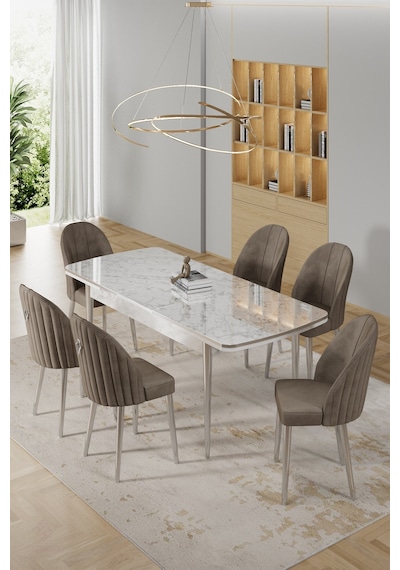 Canisa Rada Serisi 80x132 Açılabilir Lak Panel Beyaz Mermer Desen Masa 6 Cappucino Sandalye Krom Detay Masa Beyaz Mermer Desen Sandalye Cappucino Canisa Rada Serisi 80x132 Açılabilir Lak Panel Beyaz Mermer Desen Masa 6 Cappucino Sandalye Krom Detay Masa Beyaz Mermer Desen Sandalye Cappucino