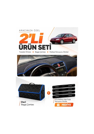 Honda Accord 2002-2008 Uyumlu Torpido Örtüsü + Deri Bagaj Çantası + Sticker Seti - Siyah Mavi