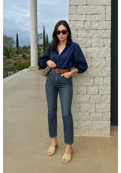 Kadın Yüksek Bel Slim Fit Likralı Mavi Jean Pantolon Mavi